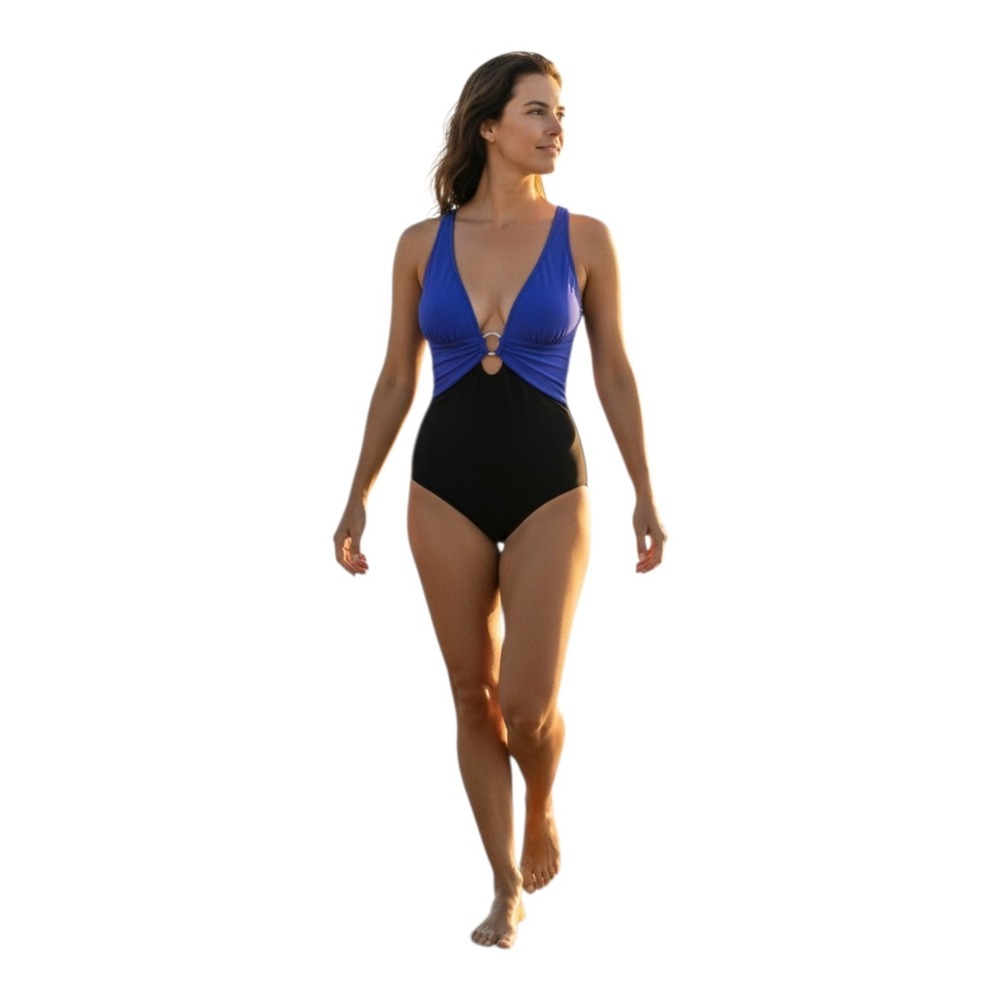 Venus Women's 12 One Piece Swimsuit Black & Blue Criss Cross Back  Bathing Suit